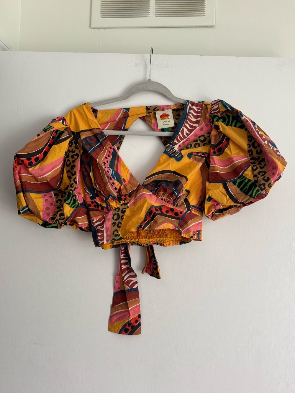 FARM Rio Mustard Multicolor Puff-Sleeve Tie-Front Crop Top